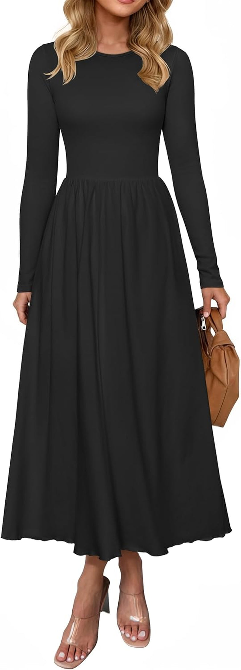 Women's Long Sleeve Ribbed Crew Neck Casual Midi Dress