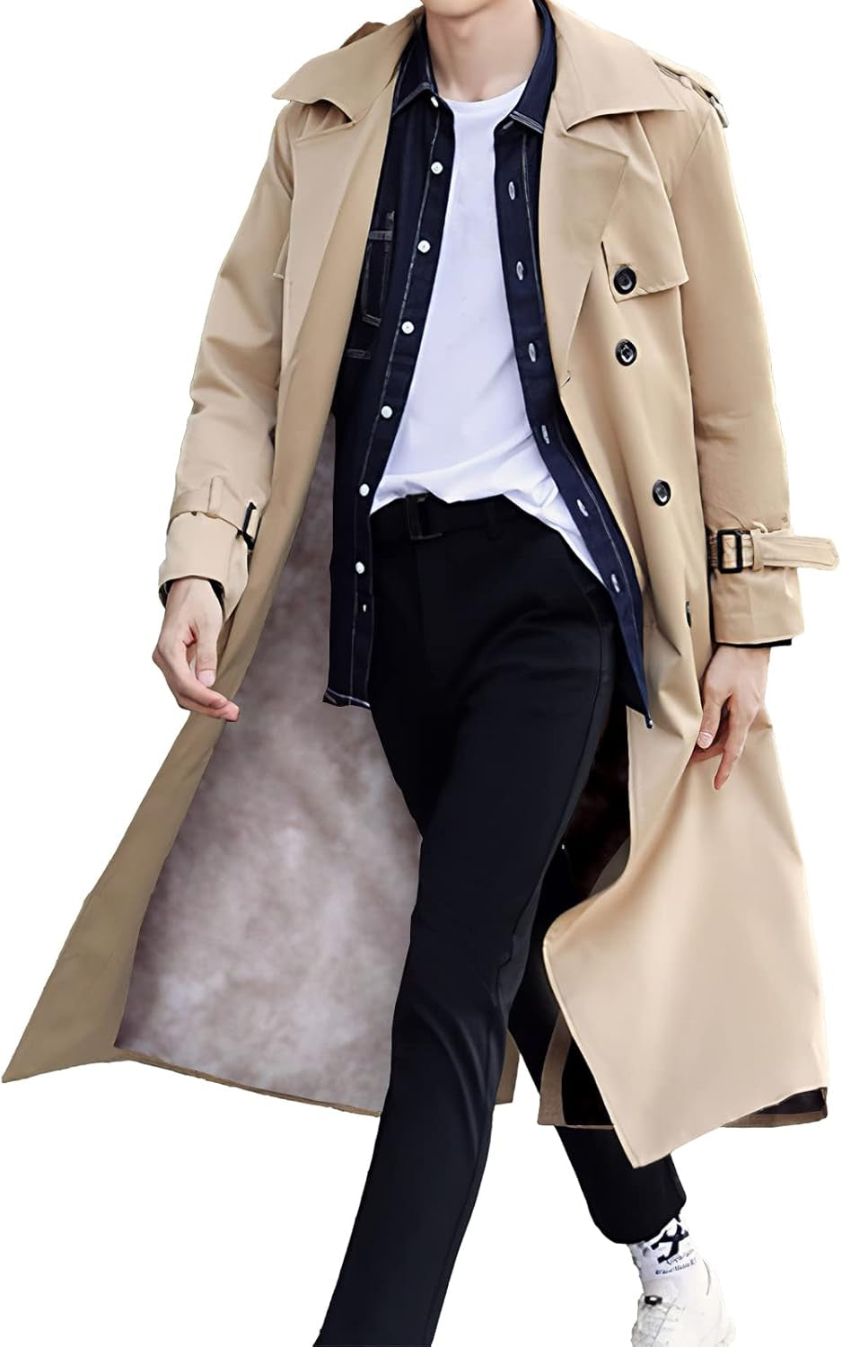 Men's Oversized Double-Breasted Trench Coat - Casual Windbreaker with Lapel, Long Jacket Overcoat