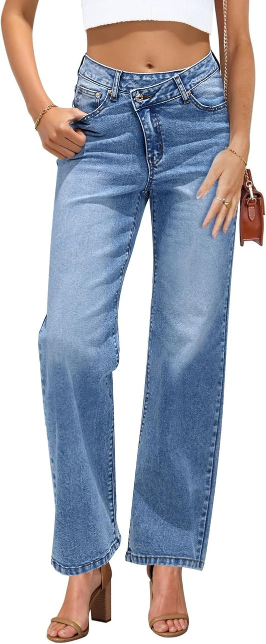 Women's High-Waisted Baggy Straight-Leg Crossover Jeans