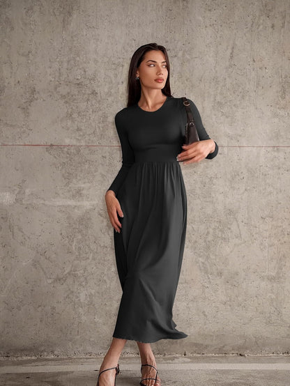 Women's Long Sleeve Ribbed Crew Neck Casual Midi Dress