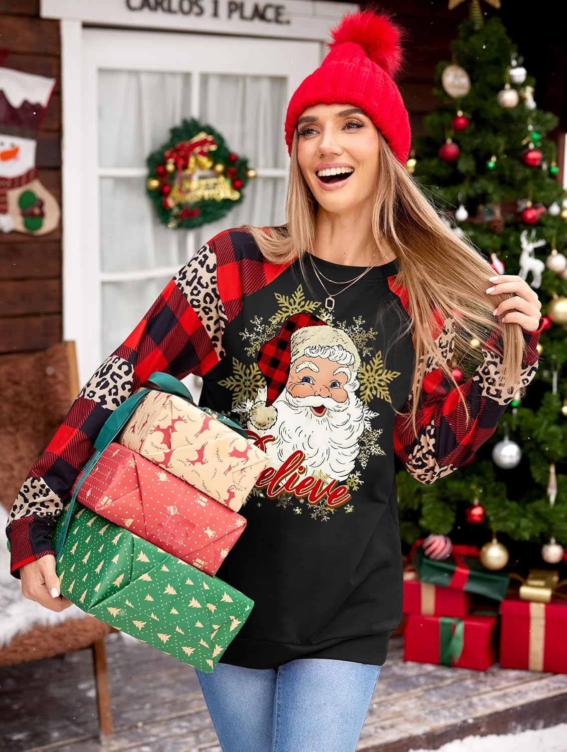 Women's Christmas Snowflake Plaid Raglan Sweatshirt