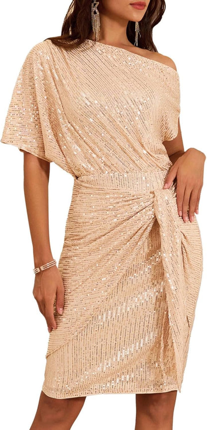 Women's One-Shoulder Sequin Bodycon Cocktail Dress