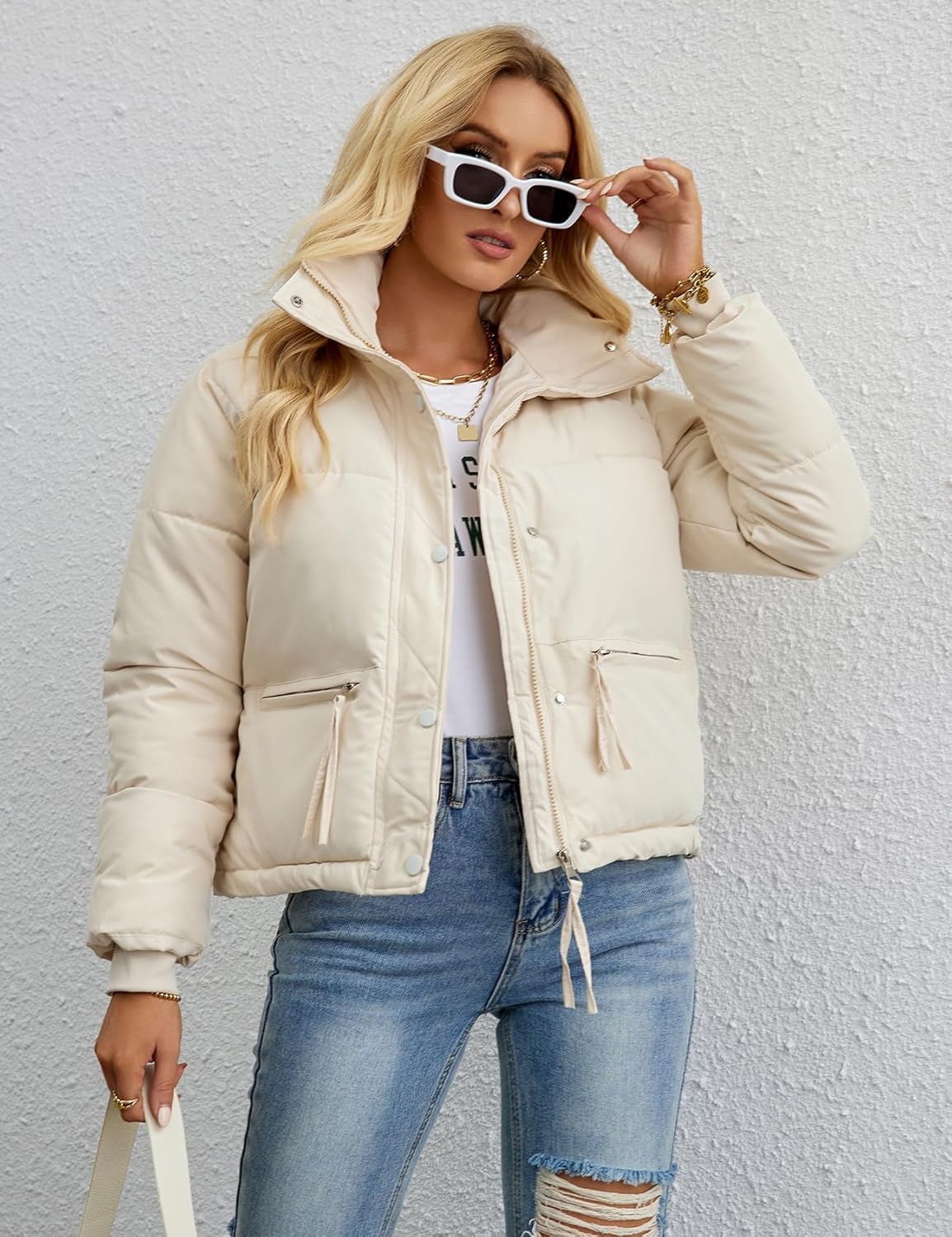 Women's Cropped Puffer Jacket with Stand Collar