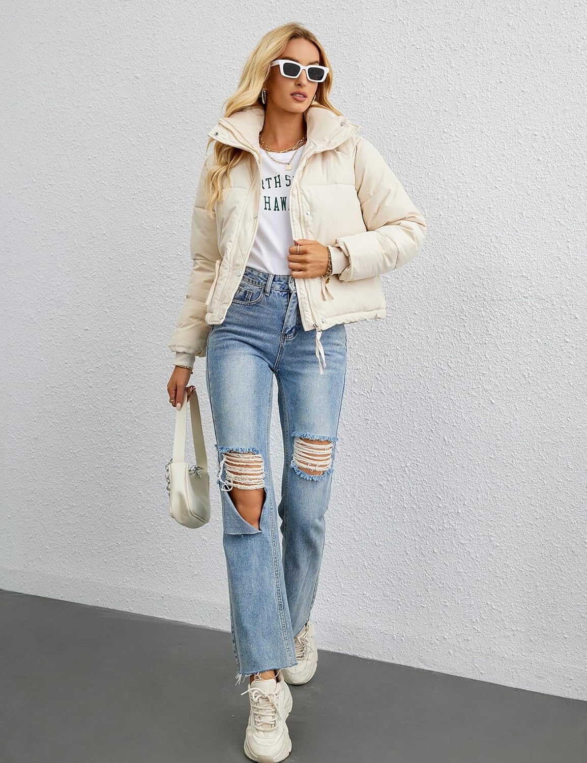 Women's Cropped Puffer Jacket with Stand Collar