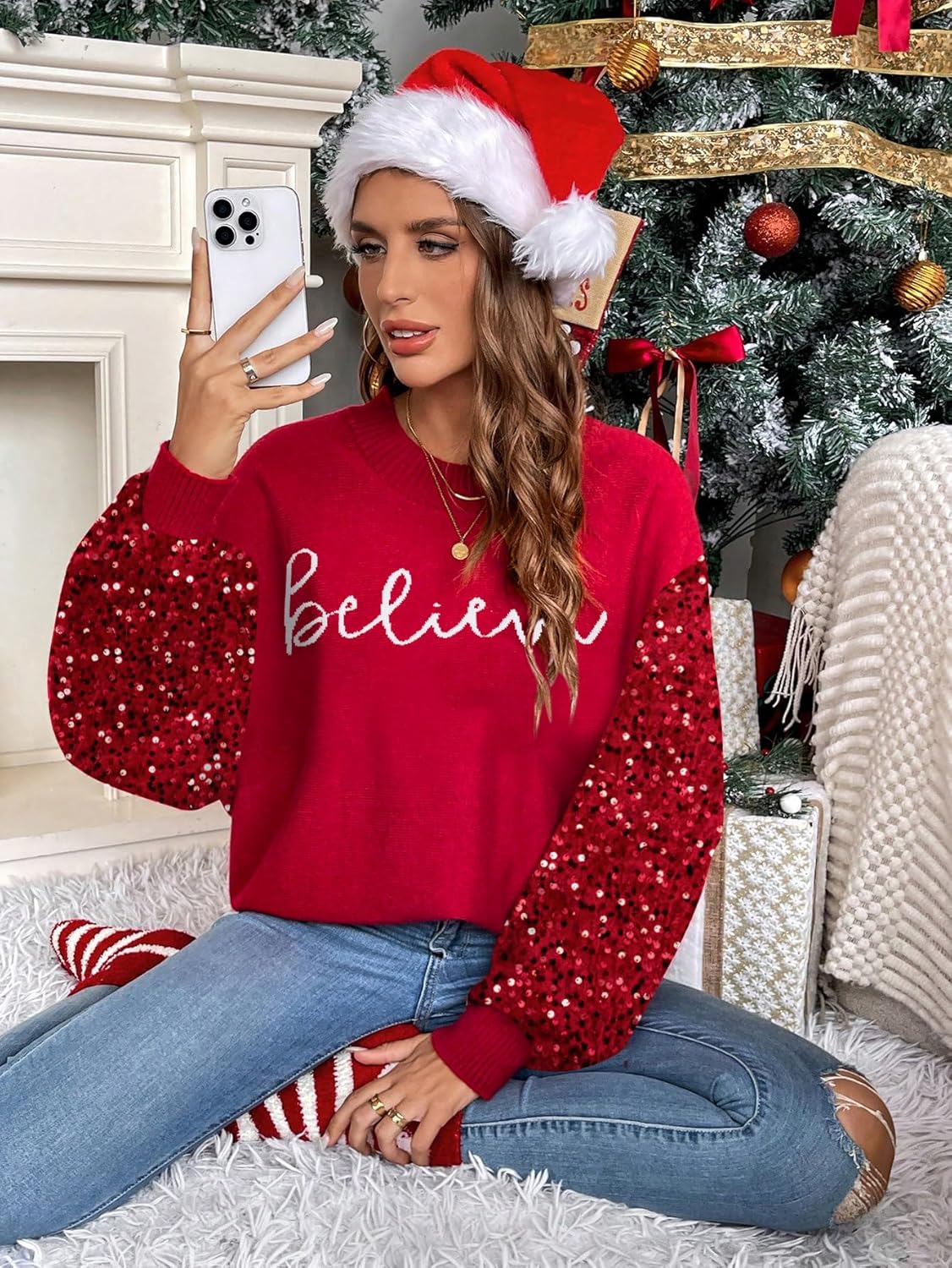 Sparkling Joy Christmas Sequin Sweater – "Believe" Holiday Edition