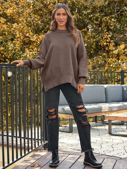 Women's Oversized Batwing Sweater - Ribbed Knit Crewneck Pullover with Side Slit