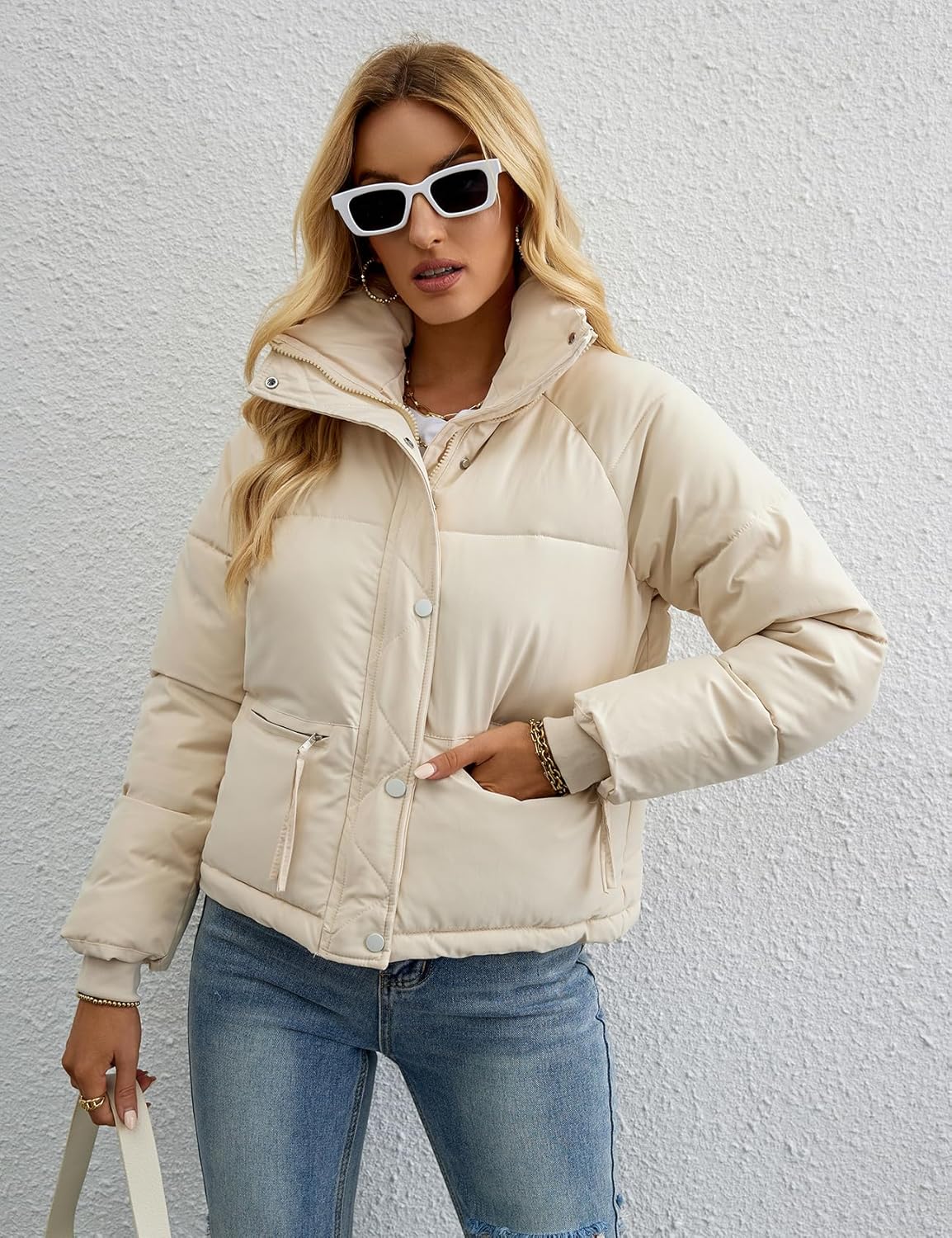 Women's Cropped Puffer Jacket with Stand Collar