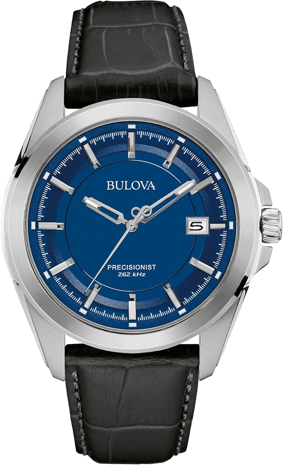 Bulova Men's Precisionist 3-Hand Calendar Stainless Steel Watch with Black Leather Strap and Blue Dial 