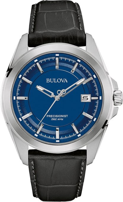 Bulova Men's Precisionist 3-Hand Calendar Stainless Steel Watch with Black Leather Strap and Blue Dial 