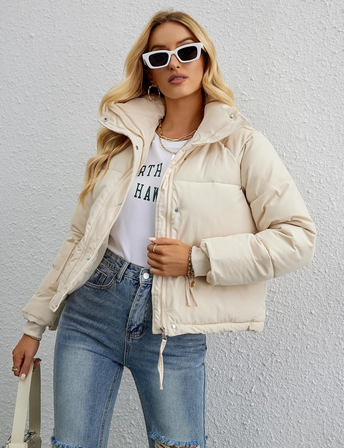 Women's Cropped Puffer Jacket with Stand Collar