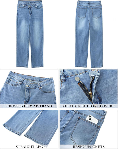 Women's High-Waisted Baggy Straight-Leg Crossover Jeans