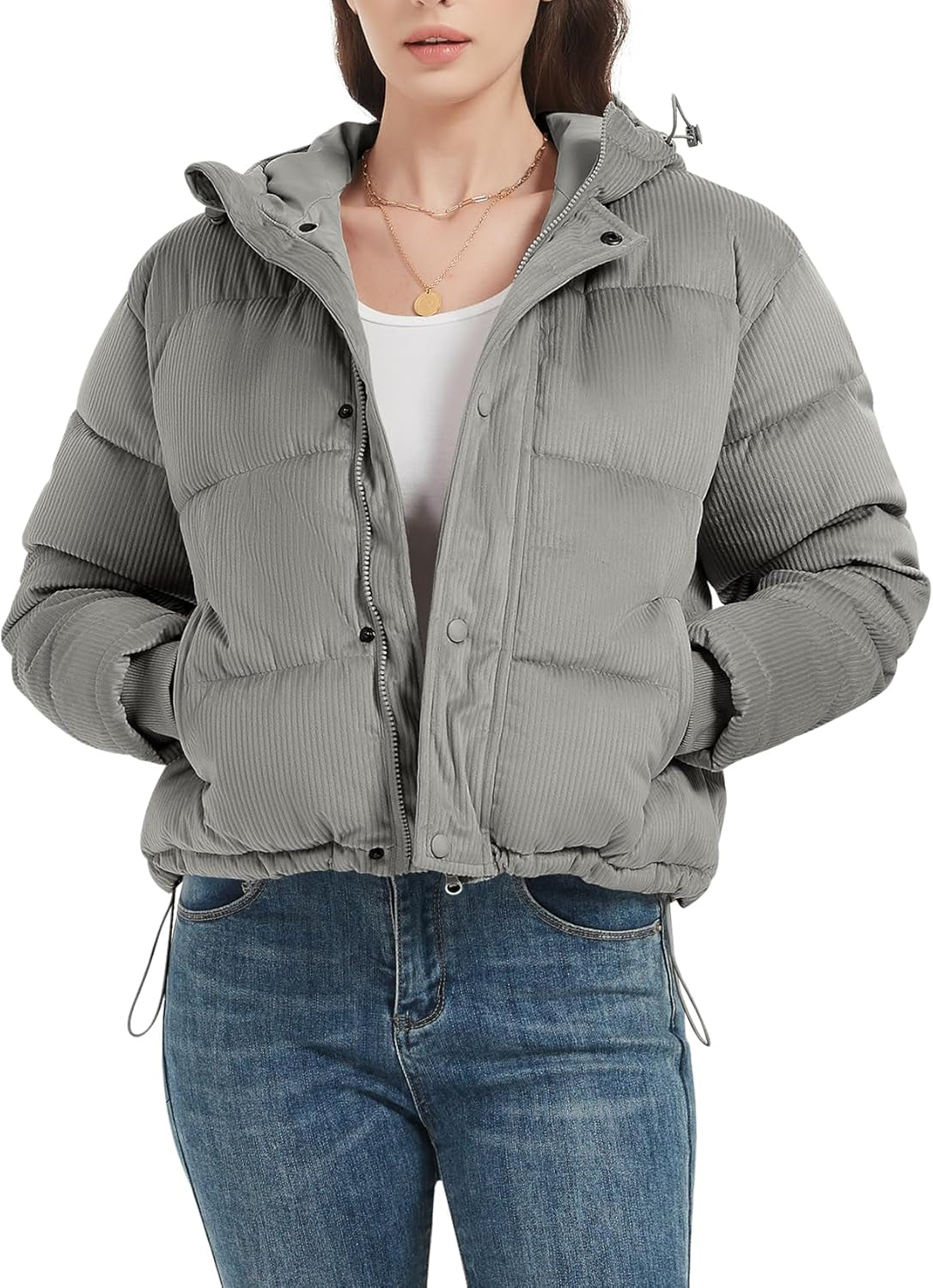 Women's Cropped Puffer Jacket with Corduroy and Hood