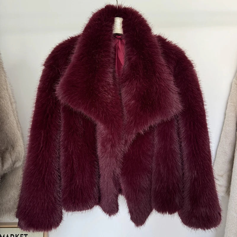 Winter Fashion Gradient Faux Fox Fur Coat for Women – Luxury High Street Style with Big Fur Collar