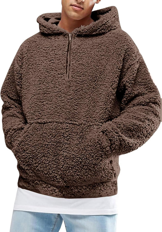 Men's Sherpa Fleece Hoodie - Warm Winter Pullover with Pocket