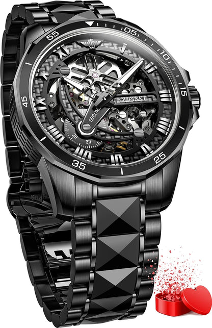 Men's Automatic Skeleton Watch – Luxury Black & Silver Mechanical Wristwatch, Waterproof, Luminous, with Sapphire Crystal