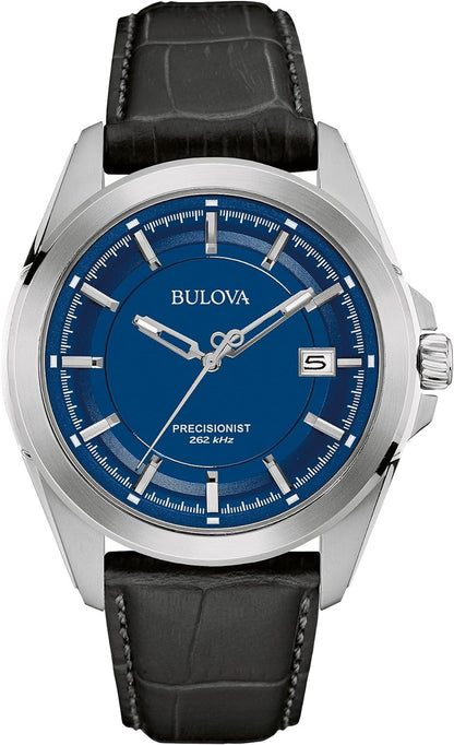 Bulova Men's Precisionist 3-Hand Calendar Stainless Steel Watch with Black Leather Strap and Blue Dial 