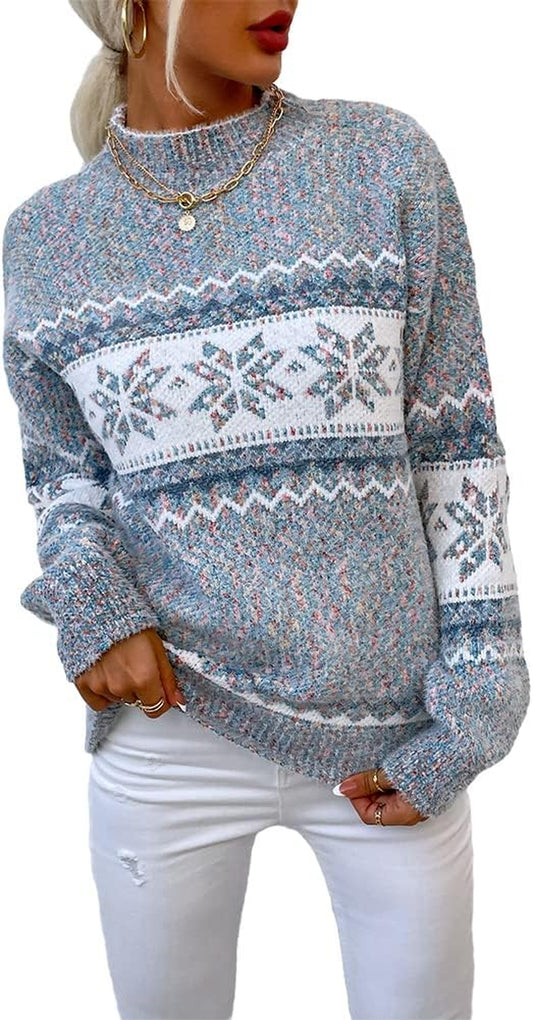 Women's Casual Snow Print Knit Pullover Sweater - Long Sleeve Crew Neck Top