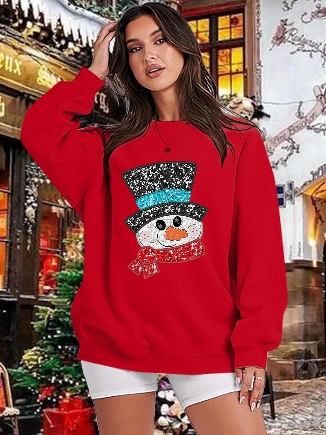 Sequin Christmas Sweatshirt Women Xma Glitter Snowman Print Sweaters Pullover Casual Long Sleeve Holiday Tops