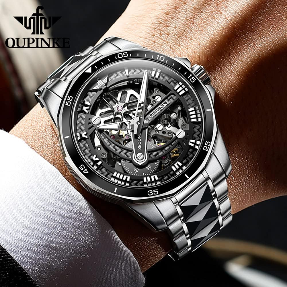 Men's Automatic Skeleton Watch – Luxury Black & Silver Mechanical Wristwatch, Waterproof, Luminous, with Sapphire Crystal