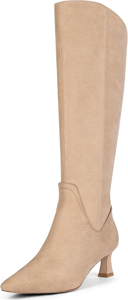 Women’s Knee-High Boots with Kitten Heel, Pointed Toe, and Full Side Zipper