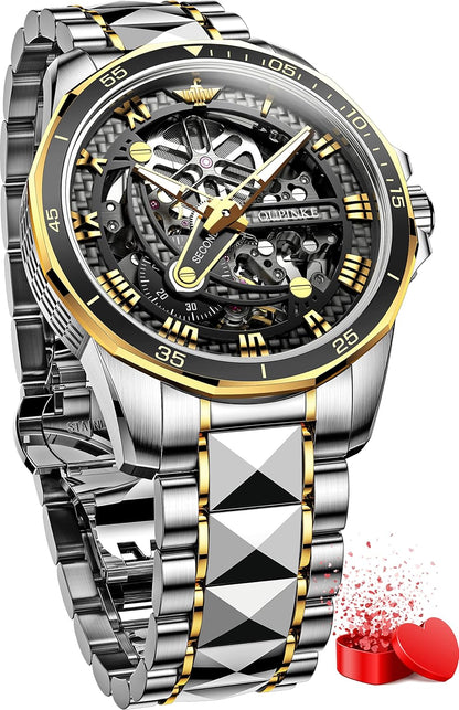 Men's Automatic Skeleton Watch – Luxury Black & Silver Mechanical Wristwatch, Waterproof, Luminous, with Sapphire Crystal