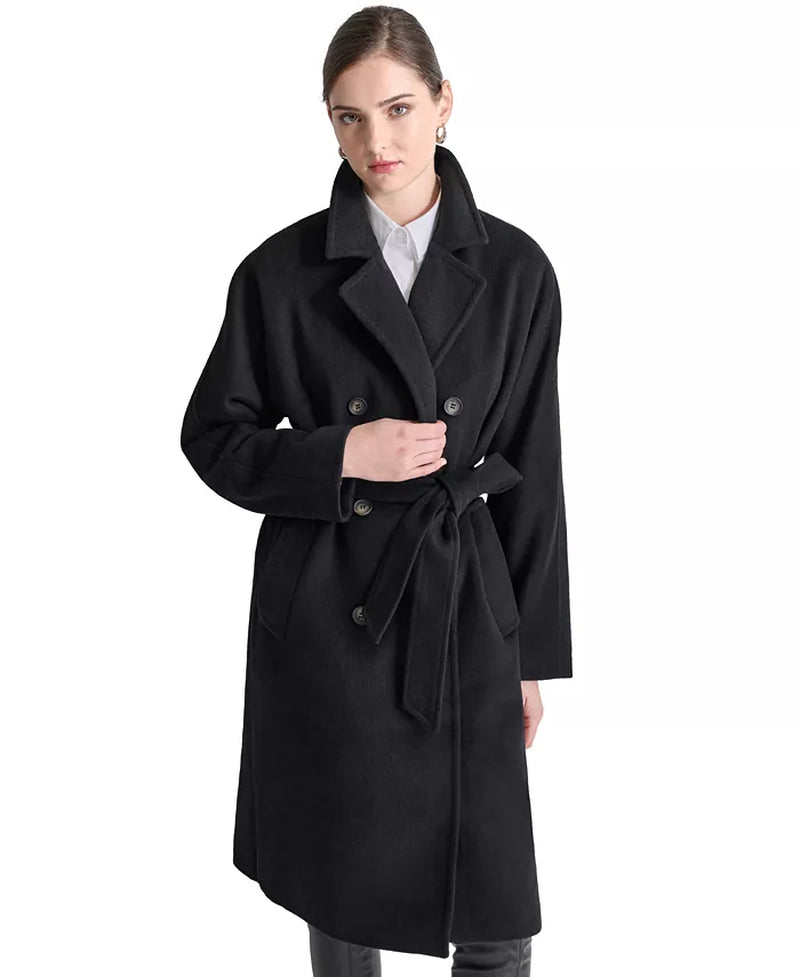 Elegant Women's Double-Breasted Wrap Coat with Belted Waist