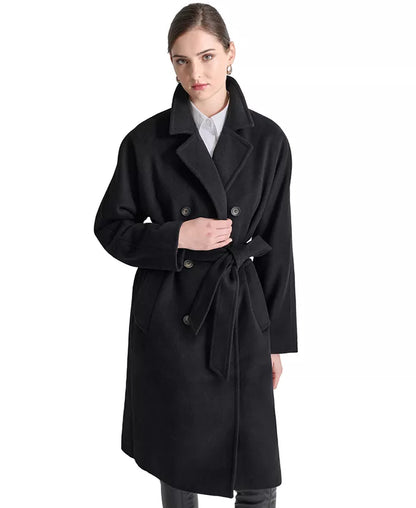 Elegant Women's Double-Breasted Wrap Coat with Belted Waist