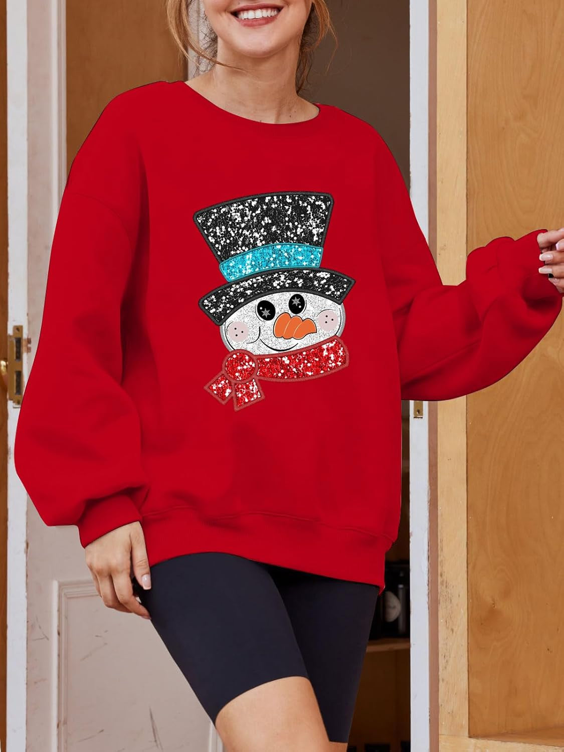 Sequin Christmas Sweatshirt Women Xma Glitter Snowman Print Sweaters Pullover Casual Long Sleeve Holiday Tops